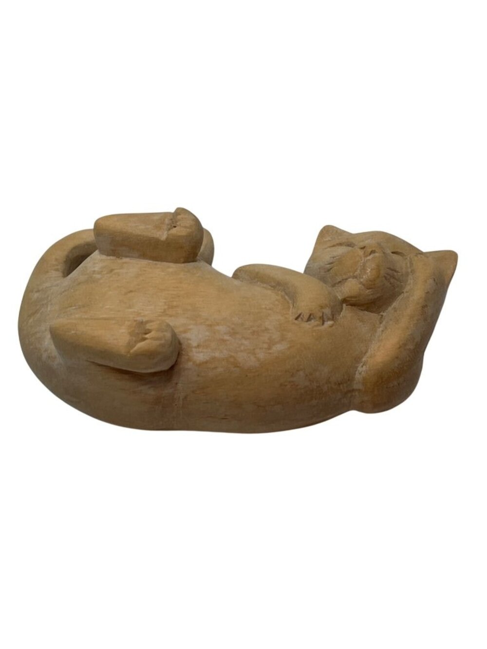 Hand-Carved Sleeping Cat Figurine Made In Indonesia Natural Wood Decor 6 Inches